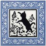 Hand Painted Art Tile showing Kitten with Butterflies in a Victorian Border. Cat Tiles